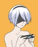  blindfold controller dualshock game_console game_controller gamepad mole mole_under_mouth nier_(series) nier_automata nude platinum_blonde_hair playstation_4 short_hair sino_(mechanized_gallery) solo yorha_no._2_type_b 