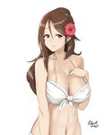  amagi_(kantai_collection) bikini blush breasts brown_eyes brown_hair cleavage closed_mouth collarbone commentary_request flower hair_between_eyes hair_flower hair_ornament halter_top halterneck hayabusa kantai_collection large_breasts long_hair looking_at_viewer mole mole_under_eye navel ponytail smile solo stomach swimsuit upper_body white_bikini 