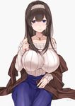  bad_id bad_twitter_id bangs bare_shoulders black_hair blue_eyes blue_skirt blush breasts closed_mouth collarbone commentary_request eyebrows_visible_through_hair grey_sweater hair_between_eyes hair_tousle hairband huge_breasts idolmaster idolmaster_cinderella_girls light_smile long_hair long_skirt looking_at_viewer off-shoulder_sweater ouchi_kaeru ribbed_sweater sagisawa_fumika shawl sidelocks simple_background sitting skirt smile solo sweater white_background 