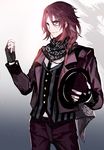  ardyn_izunia braid final_fantasy final_fantasy_xv fingerless_gloves gloves hat hat_removed headwear_removed highres holding holding_hat male_focus moemoe3345 purple_hair scarf side_braid solo younger 