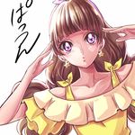 amanogawa_kirara bare_shoulders brown_hair curious earrings eyelashes go!_princess_precure hair_ornament hairband highres jewelry long_hair looking_at_viewer precure purple_eyes sharumon shirt simple_background sketch solo star star_earrings translation_request twintails white_background yellow_shirt 