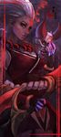  absurdres beads blood_moon_diana diana_(league_of_legends) eyelashes eyeliner facial_mark forehead_mark highres japanese_clothes league_of_legends lips long_hair looking_at_viewer makeup mask mask_removed monori_rogue nose prayer_beads red_eyes rope shimenawa smoke solo weapon 