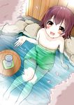  alternate_costume bare_shoulders blush brown_hair cherry_blossoms green_towel kantai_collection looking_up mutsuki_(kantai_collection) naked_towel onsen open_mouth partially_submerged petals petals_on_liquid short_hair sitting smile solo sou_(soutennkouchi) towel 