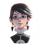  bayonetta bayonetta_(character) bayonetta_2 black_hair earrings glasses grey_eyes highres jewelry lipstick looking_at_viewer makeup mole mole_under_mouth necklace portrait roblemes sketch swept_bangs turtleneck 