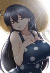 breasts commentary hair_between_eyes hat highres kantai_collection large_breasts long_hair looking_at_viewer polka_dot polka_dot_swimsuit solo sun_hat swimsuit ushio_(kantai_collection) wo_jianqiang_fu_guo 