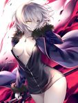  adjusting_hair ahoge artist_name black_dress blue_jacket breasts center_opening collarbone commentary_request dress evil_grin evil_smile fate/grand_order fate_(series) fur-trimmed_jacket fur_trim grin hips jacket jeanne_d'arc_(alter)_(fate) jeanne_d'arc_(fate)_(all) jewelry kousaki_rui large_breasts looking_at_viewer looking_to_the_side open_clothes open_dress open_jacket pale_skin pendant reverse_grip short_dress short_hair signature silver_hair smile solo sword unzipped weapon wicked_dragon_witch_ver._shinjuku_1999 wind wind_lift yellow_eyes 