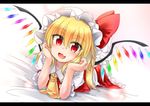  :d alternate_hair_length alternate_hairstyle ascot bangs blonde_hair blush commentary eyes_visible_through_hair fang flandre_scarlet frilled_shirt_collar frills hat hat_ribbon head_rest highres long_hair looking_at_viewer lying m9kndi mob_cap on_bed on_stomach open_mouth red_eyes ribbon skirt skirt_set smile socks solo touhou vest wings 