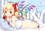  1girl alternate_costume apple ass bangs bed bed_sheet blonde_hair blush bow bracelet collarbone commentary_request crystal eating eyebrows_visible_through_hair fang flandre_scarlet food fruit hair_between_eyes hair_bow hair_ornament hair_ribbon holding irori jewelry leg_garter legs legs_up lingerie looking_at_viewer lying on_bed on_stomach open_mouth panties pillow red_eyes red_ribbon ribbon side_ponytail simple_background solo thighhighs touhou underwear underwear_only white_legwear white_panties wings 