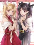  2girls akatsuki_hijiri belt black_hair black_ribbon blonde_hair blue_nails chocolate commentary commentary_request dress earrings ereshkigal_(fate/grand_order) fate/grand_order fate_(series) gold_nails highres ishtar_(fate/grand_order) jewelry looking_at_viewer multiple_girls nail_polish open_mouth red_dress red_eyes ribbon siblings sisters striped twintails white_ribbon 