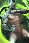  1boy armor body_hair erection genji_(overwatch) highres male_focus mask nude overwatch penis sakimichan scar solo sword testicles undressing weapon 