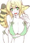  ahoge angelo_(gomahangetsu) animal_ears bikini blonde_hair blush breasts cleavage commentary_request fangs flat_color fox_ears fox_tail green_bikini green_eyes hand_on_own_chest highres kaori-san_(angelo) large_breasts leaning_forward long_hair looking_at_viewer navel open_mouth original serval_ears serval_girl serval_tail side-tie_bikini simple_background smile solo swimsuit tail white_background 