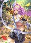  armlet bare_shoulders blush bracelet braid breasts cleavage company_name confetti copyright_name dancer dancing detached_sleeves fire_emblem fire_emblem:_kakusei fire_emblem_cipher glint hairband harem_pants high_ponytail hmk84 holding holding_sword holding_weapon jewelry large_breasts long_hair midriff official_art olivia_(fire_emblem) pants pink_hair solo sword thighhighs twin_braids weapon white_legwear 