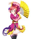  angelic_angel arm_up black_legwear cowboy_shot fan folding_fan hair_ornament holding holding_fan japanese_clothes kimono looking_at_viewer love_live! love_live!_school_idol_project nishikino_maki parted_lips pink_ribbon purple_eyes purple_kimono red_hair ribbon short_hair skirt solo standing thighhighs transparent_background white_skirt 