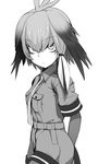  belt breasts collared_shirt eyebrows_visible_through_hair fingerless_gloves gloves greyscale highres kemono_friends long_hair looking_at_viewer low_ponytail monochrome multicolored_hair necktie shimejinameko shirt shoebill_(kemono_friends) short_sleeves side_ponytail small_breasts solo two-tone_hair 