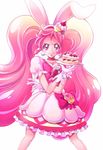  :q animal_ears bow bunny_ears cake cake_hair_ornament choker corset cure_whip earrings eating extra_ears eyelashes food food_themed_hair_ornament food_themed_ornament fruit full_body gloves hair_ornament hairband happy highres jewelry kirakira_precure_a_la_mode long_hair looking_at_viewer magical_girl pink pink_bow pink_choker pink_hair precure puffy_sleeves red_eyes sharumon simple_background skirt smile solo standing strawberry tongue tongue_out twintails usami_ichika white_background white_gloves white_skirt 