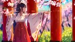  aiming arrow baisi_shaonian bow_(weapon) brown_hair cherry_blossoms day drawing_bow highres holding holding_arrow holding_bow_(weapon) holding_weapon japanese_clothes long_hair miko original parted_lips profile red_eyes solo torii traditional_clothes tree weapon wide_sleeves 