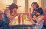  2girls ana_(overwatch) breasts brown_hair butter_knife captain_amari cowboy_hat cup dark_skin drinking_straw eating egg facial_mark facial_tattoo food fork fried_egg hair_tubes hamburger hat knife long_hair mccree_(overwatch) medium_breasts mother_and_daughter mug multiple_girls mustard overwatch pancake parted_lips pharah_(overwatch) sae_(revirth) salt_shaker signature smile table tattoo younger 