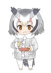  bird_tail blush bowl chibi coat eating food food_on_face full_body fur_collar gradient_hair head_wings kemono_friends long_sleeves moru_(monaka) multicolored_hair northern_white-faced_owl_(kemono_friends) pantyhose short_hair simple_background solo spoon standing white_background white_hair white_legwear yellow_eyes 