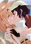  animal_ears black_hair blonde_hair blush breasts cat_ears closed_eyes commentary_request eyebrows_visible_through_hair gloves hat helmet highres kaban_(kemono_friends) kemono_friends kiss large_breasts multiple_girls noripachi pith_helmet ribbon serval_(kemono_friends) serval_ears serval_print short_hair skirt smile surprise_kiss surprised sweat tail wide-eyed yellow_eyes yuri 