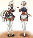  antenna_hair apron ass blush breasts dark_elf dark_skin elf food green_panties highres large_breasts long_hair looking_at_viewer maid_apron maid_headdress midriff multiple_girls navel nisei_muramasa open_mouth orange_eyes panties pointy_ears sansei_muramasa soukou_akki_muramasa standing tama_(tamakaka1031) thighhighs underwear very_long_hair white_hair white_legwear 