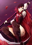  1girl boots cape corset dress long_sleeves puffy_long_sleeves puffy_sleeves ruby_rose rwby scythe short_hair silver_eyes solo thighhighs weapon 