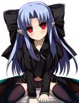  black_legwear black_panties blue_hair bow cameltoe capelet closed_mouth empty_eyes expressionless highres len long_hair no_pants panties pointy_ears red_eyes ribbon shimejinameko shirt shoes sitting solo spread_legs thighhighs tsukihime underwear 
