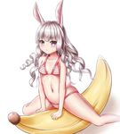  animal_ears arm_support banana_boat bikini breasts bunny_ears bunny_tail curly_hair elin_(tera) highres inflatable_toy leaning_forward legs long_hair navel pink_eyes rommeling silver_hair simple_background sitting small_breasts smile solo spread_legs straddling striped striped_bikini swimsuit tail tera_online white_background 