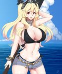  anne_bonny_(fate/grand_order) anne_bonny_(swimsuit_archer)_(fate) arm_behind_head bikini bikini_under_clothes black_bikini black_ribbon blonde_hair blue_sky blush bracelet breasts cleavage cloud cloudy_sky collar commentary_request cowboy_shot curvy day fate/grand_order fate_(series) groin gun hair_between_eyes hair_ribbon hat hayabusa highres holding holding_gun holding_weapon jewelry large_breasts long_hair looking_at_viewer navel ocean parted_lips pirate_hat red_eyes ribbon rifle short_shorts shorts sideboob sky smile solo stomach swimsuit weapon 