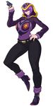  arbok belt black_nails black_pants blue_eyes breasts curvy eyebrows_visible_through_hair fingernails full_body gen_1_pokemon grin hand_on_hip high_heels highres hips hood large_breasts nail_polish notebook pants pen personification pokemon purple_hair sharp_teeth short_hair slit_pupils smile space_jin standing standing_on_one_leg teeth thick_thighs thighs tsurime wide_hips 