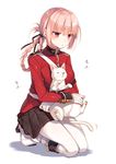  blush braid breasts cat fate/grand_order fate_(series) florence_nightingale_(fate/grand_order) gloves highres hug kneeling large_breasts long_hair military military_uniform pantyhose pink_hair red_eyes skirt solo toosaka_asagi uniform white_background white_gloves 