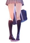  bag black_footwear black_legwear brown_skirt caidychen close-up commentary from_behind holding holding_bag kneehighs kneepits loafers lower_body original pleated_skirt school_bag school_uniform shoes simple_background skirt solo standing thighs white_background 
