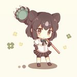 :/ animal_ears ankle_boots bear_ears bear_girl bear_paw_hammer beige_background bike_shorts blue_ribbon blush boots brown_bear_(kemono_friends) brown_eyes brown_footwear brown_gloves brown_hair brown_skirt chibi clenched_hand commentary elbow_gloves eyebrows_visible_through_hair eyelashes floral_background flower full_body gloves grey_hair hand_on_hip holding holding_weapon kemono_friends konno_(pixiv_23416142) looking_at_viewer multicolored_hair neck_ribbon no_nose pleated_skirt ribbon shadow shirt short_hair simple_background skirt solo standing tsurime two-tone_hair v-shaped_eyebrows weapon white_shirt 