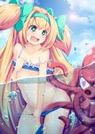  bikini_pull blazblue blonde_hair crying crying_with_eyes_open green_eyes highres long_hair monaka_(kaichuu_shiruko) octopus partially_submerged platinum_the_trinity tears tentacles twintails very_long_hair 
