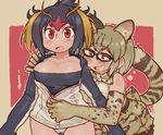  animal_ears arrow bell_(hellchan3) blush bow bowtie breasts cat_ears cat_tail cleavage collarbone elbow_gloves female_pervert glasses gloves hand_on_another's_shoulder hood hoodie kemono_friends large_breasts margay_(kemono_friends) multiple_girls panties pervert rockhopper_penguin_(kemono_friends) short_hair smile surprised tail underwear unzipping white_panties yuri 