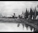  cloud commentary dancing different_reflection grave graveyard greyscale hat horror_(theme) koto_inari lake layla_prismriver lunasa_prismriver lyrica_prismriver merlin_prismriver monochrome multiple_girls no_reflection outdoors reflection sky touhou 