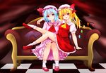  :d arm_support ascot bangs bat_wings blonde_hair blue_hair blush bobby_socks brooch checkered checkered_floor closed_mouth commentary_request couch crystal dress flandre_scarlet frilled_dress frilled_skirt frills full_body hat hat_ribbon head_tilt jewelry looking_at_viewer mary_janes mob_cap multiple_girls open_mouth pink_dress puffy_short_sleeves puffy_sleeves red_eyes red_ribbon red_skirt red_vest remilia_scarlet ribbon shoes short_sleeves siblings side_ponytail sisters sitting sitting_on_person skirt skirt_set smile socks surota touhou vest white_legwear wings 