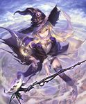  blonde_hair boots cityscape cloud cloudy_sky cygames dagger dorothy_(shingeki_no_bahamut) dual_wielding hat hisakata_souji holding jewelry long_hair necklace official_art red_eyes shadowverse shingeki_no_bahamut sky smile staff thighhighs weapon witch_hat 