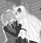  2girls ahoge back bare_shoulders blush breasts dancing dress elbow_gloves eyes_closed fate/grand_order fate_(series) flower fujimaru_ritsuka_(female) gloves jeanne_alter long_hair monochrome multiple_girls necktie open_mouth ponytail ruler_(fate/apocrypha) short_hair suit 