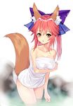  :o animal_ears arm_at_side bangs bare_shoulders bathing blue_ribbon bow breast_hold breasts collarbone cowboy_shot eyebrows_visible_through_hair fate/extra fate_(series) fox_ears fox_girl fox_tail hair_between_eyes hair_bow hair_ribbon long_hair looking_at_viewer medium_breasts naked_towel onsen open_mouth pink_hair purple_bow ribbon solo steam tail tamamo_(fate)_(all) tamamo_no_mae_(fate) tangamja towel wading water white_towel yellow_eyes 