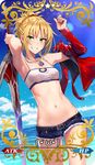  armpits blonde_hair breasts card_(medium) card_parody clarent craft_essence day fate/apocrypha fate/grand_order fate_(series) green_eyes jacket jewelry long_hair midriff mordred_(fate) mordred_(fate)_(all) navel necklace official_style parody ponytail revision shijiu_(adamhutt) shorts small_breasts smile solo star sword weapon 