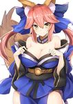  animal_ears bangs blue_bow bow breasts cleavage closed_mouth cowboy_shot detached_sleeves fate/extra fate_(series) fox_ears fox_girl fox_tail grey_background hair_between_eyes hair_bow japanese_clothes large_bow large_breasts long_hair looking_at_viewer luse_maonang pelvic_curtain pink_hair simple_background smile solo tail tamamo_(fate)_(all) tamamo_no_mae_(fate) thighs twintails yellow_eyes 