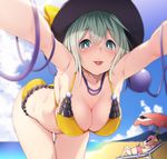  :p aki_(akikaze_asparagus) armpits beach beach_umbrella bent_over bikini black_hat blue_sky breasts chair chibi chibi_inset cleavage cloud cup day drinking_glass drinking_straw frilled_bikini frills green_eyes green_hair hanging_breasts hat heart komeiji_koishi komeiji_satori large_breasts leaning_forward looking_at_viewer lounge_chair lying multiple_girls older on_back outdoors pink_bikini pink_hair pov reaching_out self_shot sky summer sunglasses sweat swimsuit thigh_gap third_eye tongue tongue_out touhou umbrella yellow_bikini 