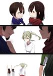  akagi_(kantai_collection) banned_artist black_hair blue_scarf blush bow_(weapon) brown_eyes brown_hair closed_mouth commentary green_hair hair_between_eyes hair_ribbon japanese_clothes kaga_(kantai_collection) kantai_collection katsuragi_(kantai_collection) kimono long_hair multiple_girls red_scarf ribbon scarf short_sleeves side_ponytail smile straight_hair tachikoma_(mousou_teikoku) twintails weapon white_background white_ribbon zuikaku_(kantai_collection) 