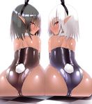  ass ass-to-ass black_hair checkered checkered_floor dark_skin elf fishnets from_behind highres light_smile long_hair multiple_girls original pointy_ears red_eyes short_hair simple_background sitting skindentation souma_(ordures) tan trefoil white_background 