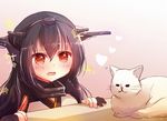  alternate_costume alternate_headwear antennae black_hair blush cat hair_between_eyes headgear heart kantai_collection long_hair looking_at_another nagato_(kantai_collection) nanahamu open_mouth red_eyes sparkle twitter_username upper_body white_cat younger 