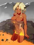  aisha_clanclan animal_ears bare_shoulders blonde_hair blue_eyes braid breasts burning_clothes cat_ears circlet cleavage commentary dark_skin eyebrows_visible_through_hair fingernails half-closed_eyes large_breasts long_hair molten_rock morganagod naked_towel outlaw_star partially_submerged sharp_fingernails sidelocks single_braid slender_waist solo thick_eyebrows towel 