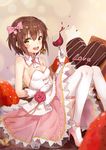  alternate_costume breasts brown_eyes brown_hair cake chocolate chocolate_cake chocolate_heart cleavage cup dress drinking_glass food fruit gloves hair_ribbon headset heart high_heels highres kantai_collection open_mouth ribbon short_hair small_breasts smile solo speaking_tube_headset strawberry thighhighs white_gloves white_legwear yuhuan yukikaze_(kantai_collection) 