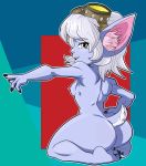  2018 4_fingers 4_toes abstract_background breasts butt eyewear female goggles hair half-closed_eyes humanoid kisekitemiro kneeling league_of_legends looking_aside looking_at_viewer nipples nude pose purple_skin rear_view riot_games short_hair short_stack solo toes tristana_(lol) video_games white_hair yellow_eyes yordle 