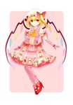  :d alternate_color alternate_costume arms_at_sides ascot bangs blonde_hair bow commentary_request crystal dress elbow_gloves eyebrows_visible_through_hair flandre_scarlet food_print frilled_dress frills full_body gloves hat hat_bow high_heels looking_at_viewer mob_cap open_mouth pink_dress pink_gloves pink_legwear print_dress puffy_short_sleeves puffy_sleeves red_bow red_eyes sakipsakip short_sleeves side_ponytail skirt skirt_set smile solo standing strawberry_print touhou v-shaped_eyebrows wings 