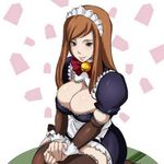  artist_request breasts brown_hair castlevania castlevania:_portrait_of_ruin charlotte_aulin cleavage large_breasts long_hair lowres maid solo source_request 